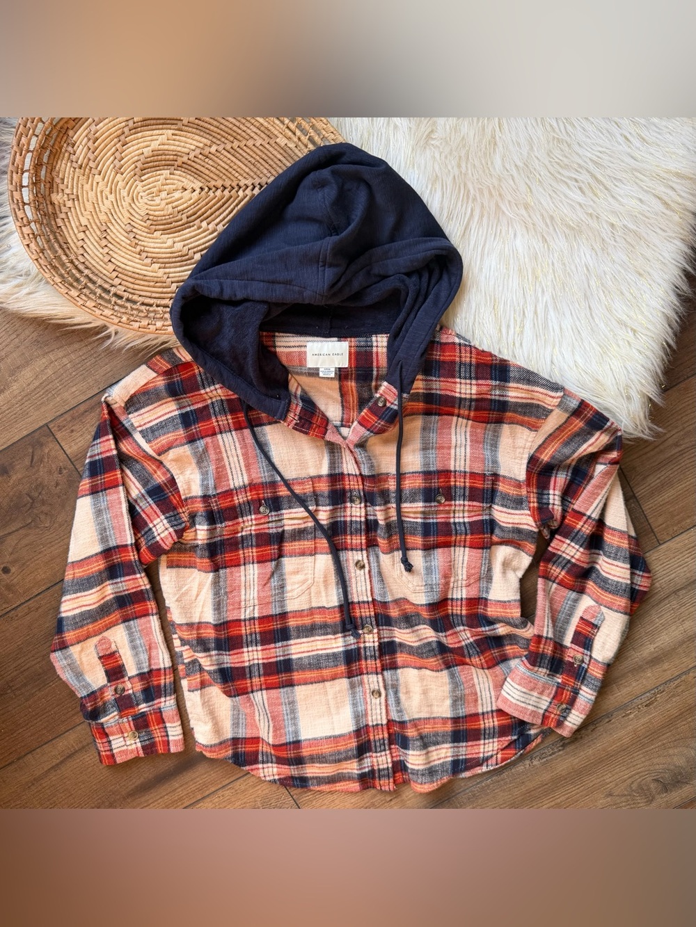American Eagle Plaid Hooded Button Down Flannel Shirt Size Small